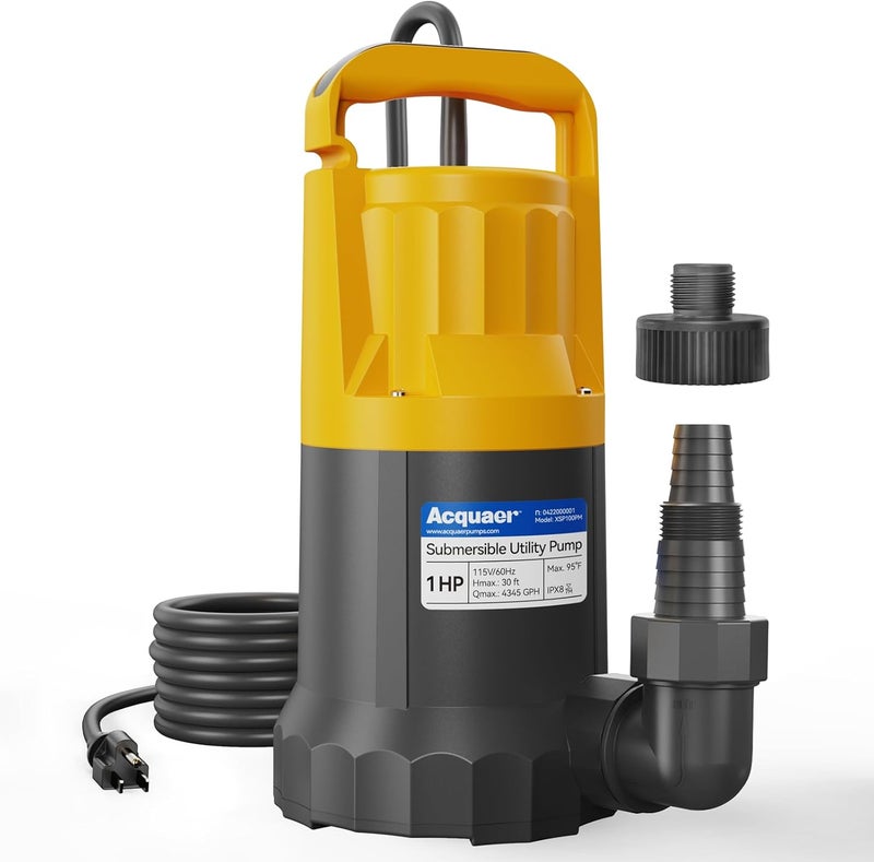 Acquaer 1HP Sump Pump, 4345GPH Submersible Water Pump for Water Removal in Hot Tubs, Pools, Basements, and Garden Ponds - Image 1